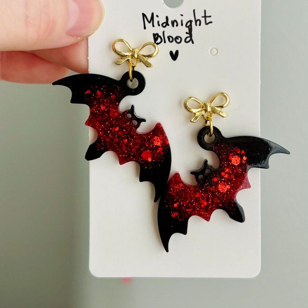 Blood Red Bat Earrings Black Glitter Dark Romantic Gothic Jewelry Vamp Halloween